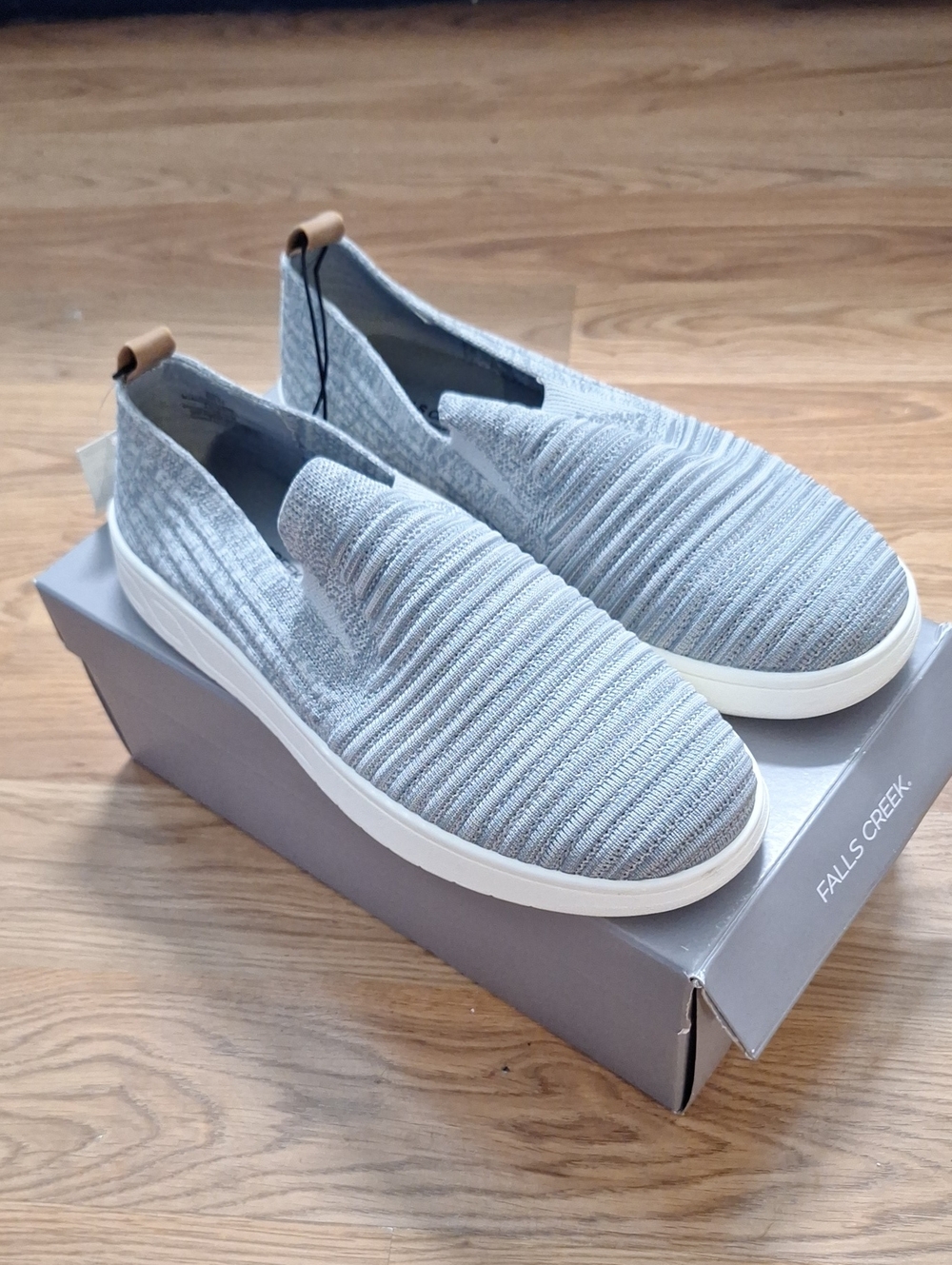 Falls Creek Light Grey Knit Slip-On Sneakers with White Soles